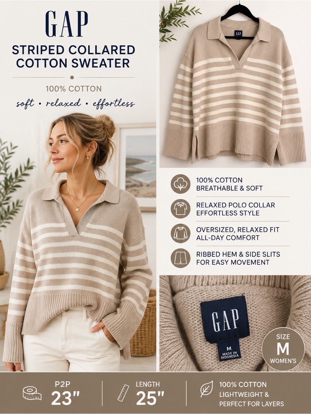 GAP Women’s Striped Collared Sweater Medium 100% Cotton Coastal Nautical
